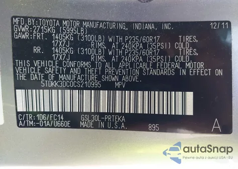 2012 Toyota Sienna Le V6 8 Passenger from USA, damaged, VIN 5TDKK3DC0CS210995